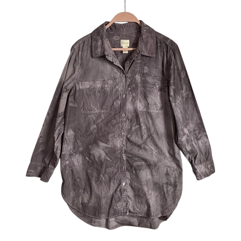 Chico's Button Up Shirt Dress Tunic Womens Sz L Acid Wash Tie Dye Long Sleeve
